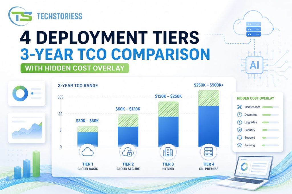 Bar chart showing 3-year total cost of ownership across four enterprise AI agent deployment tiers from Starter at $34K to Scale at $2.5M+
