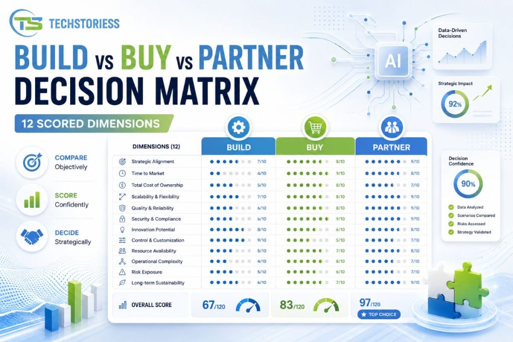 Scored comparison matrix for Build vs Buy vs Partner agentic AI deployment approaches across 12 enterprise dimensions