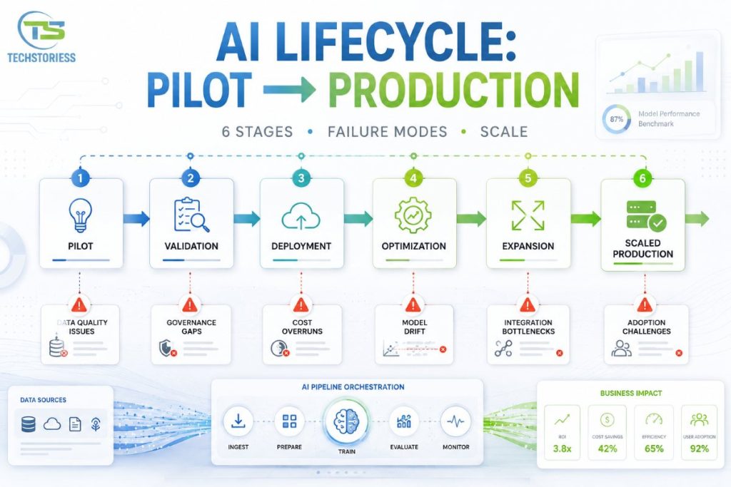 Enterprise AI agent lifecycle showing six stages from scoping to scale with common failure points marked at each transition