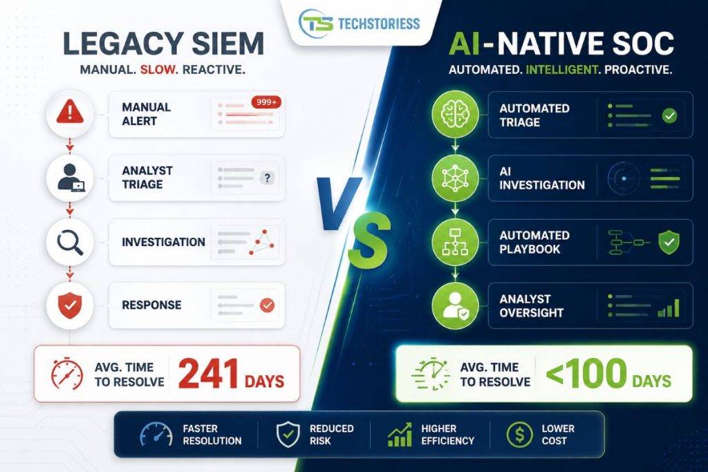 Comparison of legacy SIEM manual workflow versus AI-native SOC automated detection pipeline showing 80-day lifecycle reduction