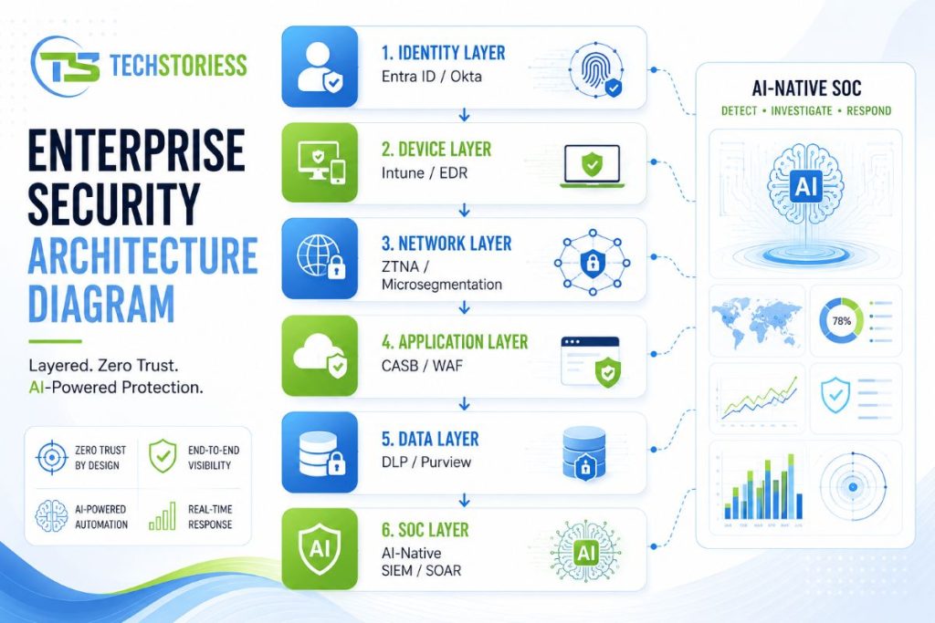 Enterprise Zero Trust layered security architecture with AI-native SOC overlay showing detection and response flow