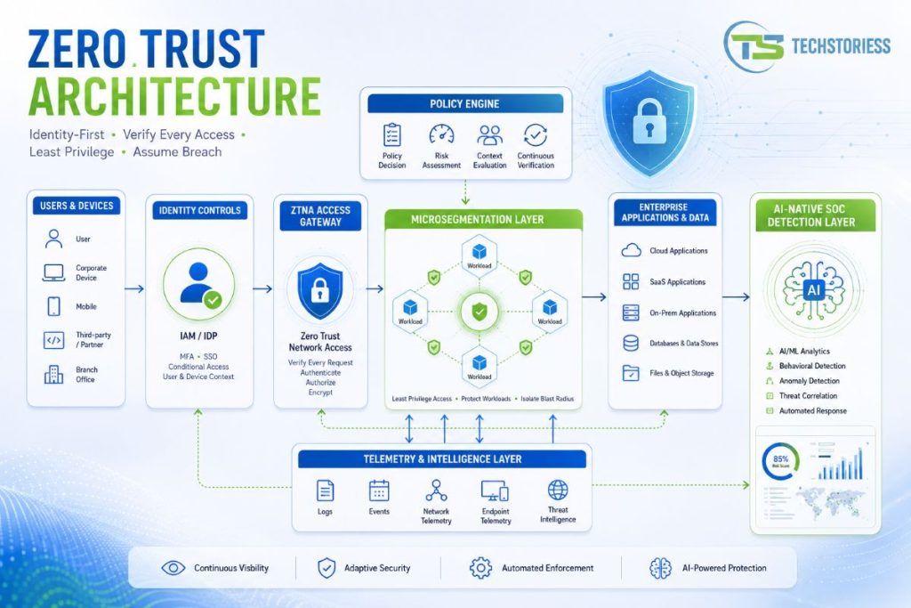 Enterprise Zero Trust reference architecture with five pillars and AI-native SOC detection layer